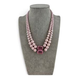 Vintage 1950s Pink Faux Pearl Double Strand Necklace Large Glass Stones